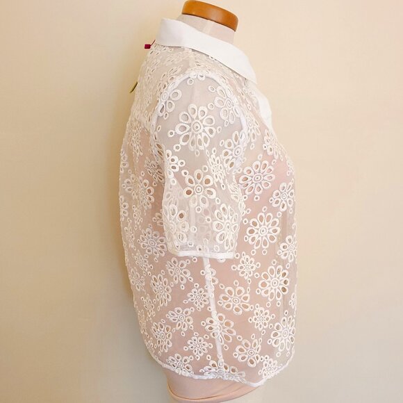 Catherine Malandrino Sheer Short Sleeve Button Down w/ Emroidered Floral Cutouts - Picture 3 of 8